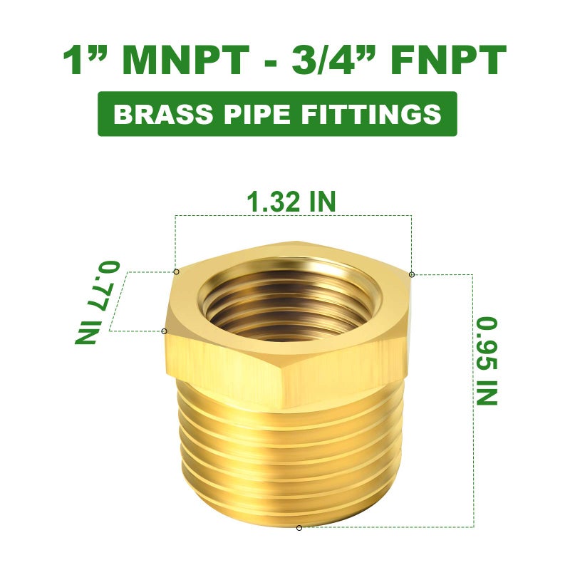 TAISHER 2PCS Brass Reducer Hex Bushing Threaded Pipe Fitting 1" NPT Male x 3/4" NPT Female Adapter - Image 4